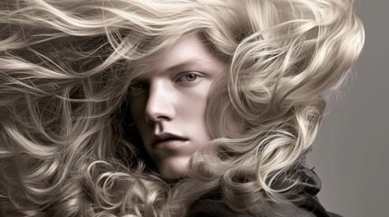 A man with long blond hair flying in the wind in fashion editorial style. Men's modern hairstyle