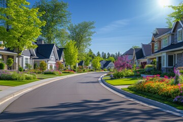 Naklejka premium Colorful suburban street with large houses and blooming flower gardens