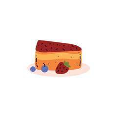 Piece of cake with fruit jam topping and berries on plate, delicious baking sweet dessert eating disorder vector concept