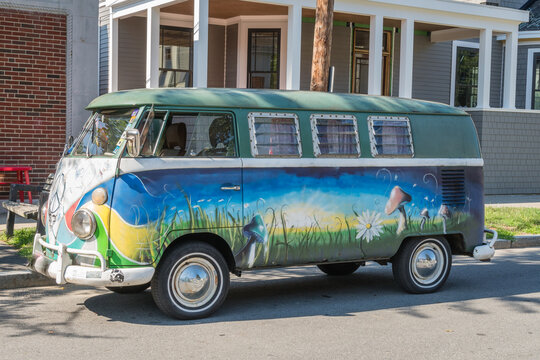 Andover, MA, US-June 26, 2022: Classic VW microbus or van also known as a kombi at antique car show.