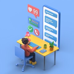 Customer support concept. 3D illustration of african american woman Coco Can use for web banner, infographics, hero images. Flat isometric 3D illustration isolated on blue background.
