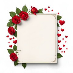 White background postcard with red hearts and red flowers, Valentine's Day concept.