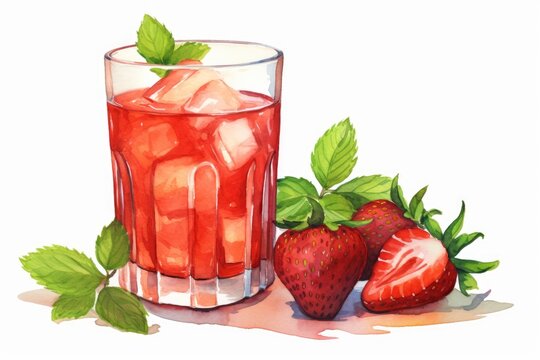 Strawberry cocktail on a white isolated background, cooling summer drink, watercolor illustration.