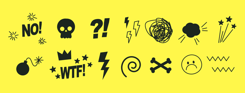 A set of hand drawn swear icons. Abstract anime icon, curses and skull. Swear symbols to express exclamation. Harsh mood. Negative thinking concept. Mad emoticon elements, hate, furious, doodle vector