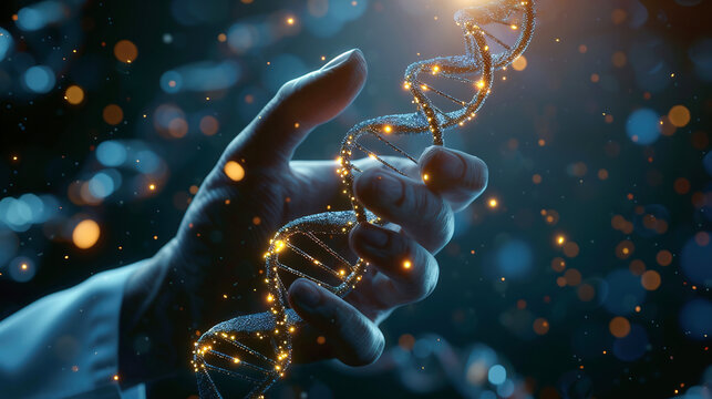 3d rendered human DNA in male hand. Genetic engineering concept