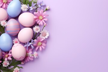 Naklejka na ściany i meble Pastel easter eggs on soft pink background with flower surrounding, top view, copy space