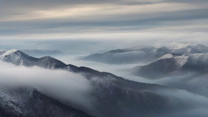 Mountain peaks covered in heavy fog	
