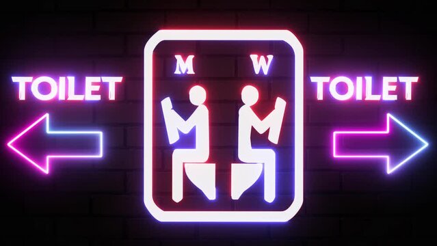 Restroom arrow pointer, silhouette of a man and a woman. Arrow direction toilet signs in neon lights animation. Glowing WC toilet neon sign on bricks wall background. In and out sign