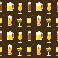 Seamless pattern with glasses of various shapes filled with different types of beer.