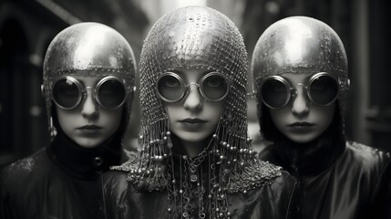 Three women in black and white, donning steampunk helmets and sunglasses