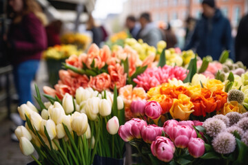 Colorful fresh flowers for sale in a flower market