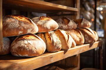 Artisan bread on wooden bakery shelf
