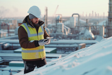 Engineer using tablet on the roof of the oil refinery factory.