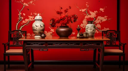  a red table with some chinese decoration © Ziyan Yang