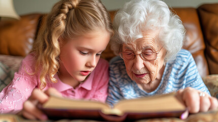 young girl and her grandmother focused on reading a book together - obrazy, fototapety, plakaty