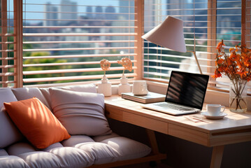 Modern workspace with a laptop with an empty screen, a lamp, a cup of coffee or tea and flowers in a vase on a wooden table near the sofa and a panoramic window - Powered by Adobe