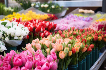 Colorful fresh flowers for sale in a flower market