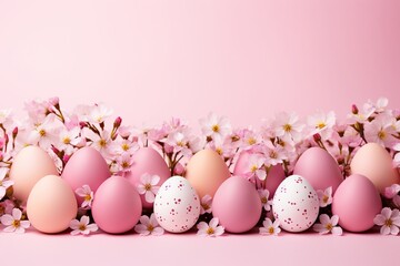 Fototapeta na wymiar Pastel easter eggs in various colors on soft pink background with beautiful flowers, top view