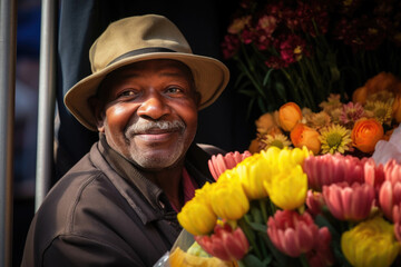 Portrait of mature African american man selling flowers on local flower market