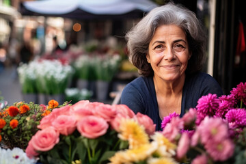 Portrait of mature woman selling flowers on local flower market
