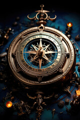 Gold vintage compass on a blue background with lights