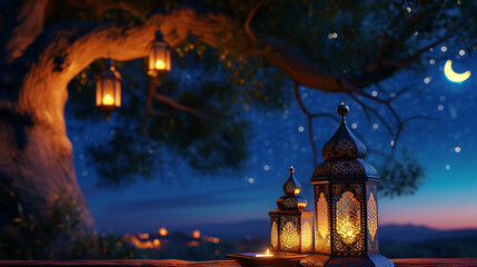 Fototapeta na wymiar Ramadan Kareem background. Arabic lanterns on table in front of the night sky