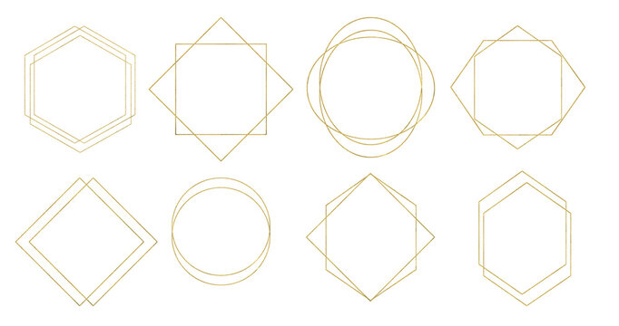 A large set of gold frames of different shapes in the Art Deco style. The frames are universal, suitable for invitations, posters, covers, card. Illustrations on a transparent background.