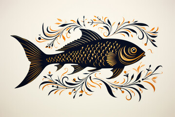 Obraz premium Black fish with golden scales on a white background