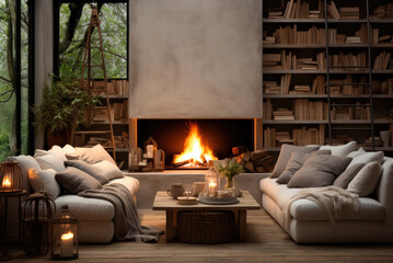 Modern Scandinavian interior of the living room with sofas with pillows and a fireplace in warm beige colors