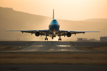 Sunset view of an airplane on the airport runway.