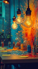 Glowing Light Bulbs Over Paint-Splatted Table