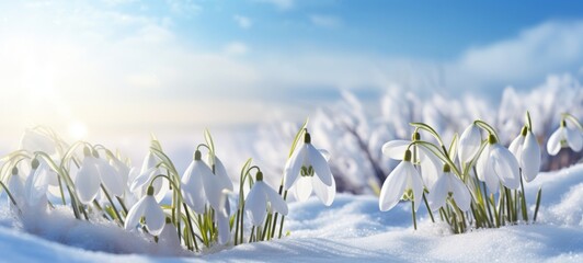 White fresh snowdrops flower ( Galanthus ) meadow garden field with snow, blue sky, sunshine . Easter spring background banner panorama long