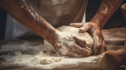 Selbstklebende Fototapeten Bakers hands kneading dough for artisan bread © Ziyan Yang