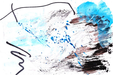 Abstract blue art background. Multicolor blots, lines and brush strokes on paper