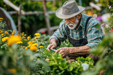 Senior Man Gardening in Lush Garden. Generative AI