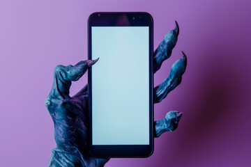 Creepy halloween monster zombie hand holding a mobile phone with a blank screen