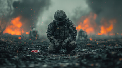 16:9 or 9:16  Tired frontline soldiers on the front lines of war. - obrazy, fototapety, plakaty