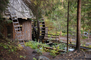 Old wooden water mill in a coniferous forest. Old watermill in the middle of the forest. rural, rustic,