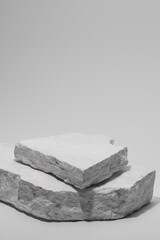 Flat stone pedestal, white template, banner background. Minimalism concept, empty podium display product, presentation scene.
