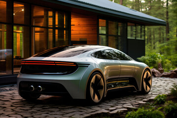 Electric car of the future stands near the house in the forest