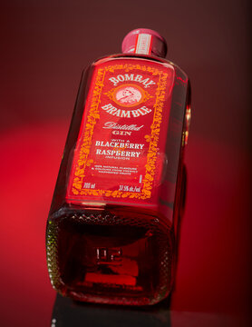 Mansfield,Nottingham,United Kingdom,30th January 2024:Studio product image of a bottle of Bombay Bramble Gin infused with blackberry and raspberry,The company is owned by Bacardi.