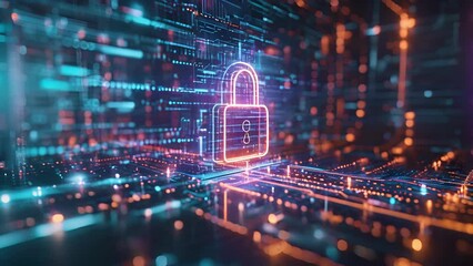 A hologram of a digital padlock symbolizing the secure authorization process for financial transactions with intricate computer code and data flowing around it. - Powered by Adobe