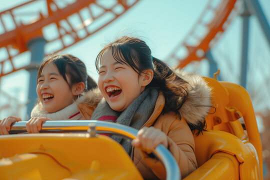 2 young asian looking girls on a rollercoaster having fun