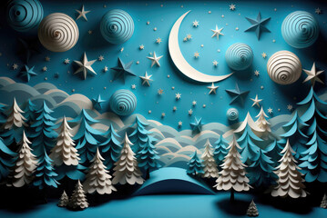 Paper applique winter forest with ribbon and stars in the sky