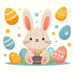 flat illustration symbol of Easter holiday, cute bunny with colored painted eggs on a colored background