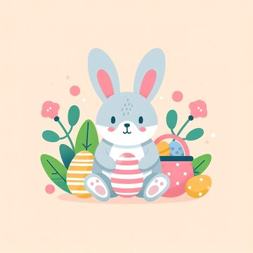 flat illustration symbol of Easter holiday, cute bunny with colored painted eggs on a colored background