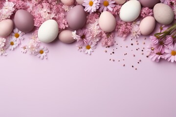 Naklejka na ściany i meble Easter eggs in pastel colors on soft pink background with flowers, top view, empty space for text