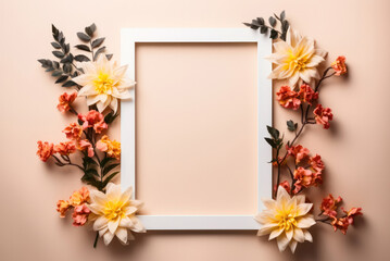 Naklejka na ściany i meble White empty frame surrounded by yellow, white and red flowers on a beige background. Birthday greeting card or mom's birthday card