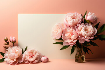 Mockup blank paper sheet with pink peonies flowers. Floral template. Empty card design with copy space
