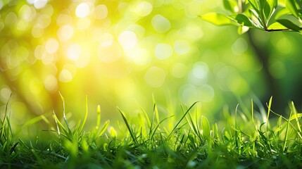 A fresh spring sunny garden background of green grass and blurred foliage bokeh.  
